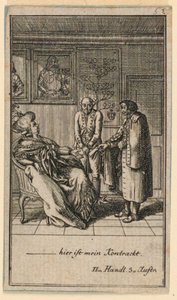 Vanhempi nainen palkkaa miehen, kuvitus Fredrich Wilhelm Grossmanin näytelmästä "Not more than sachs Schuesseln" teoksessa "Königl: Grosbrit [anian] Genealogical Calendar for the 1782 Lauenberg by J.G. Berenberg" tekijältä Daniel Nikolaus Chodowiecki