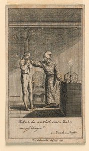 Slap in the Face, kuvitus Fredrich Wilhelm Grossmanin näytelmästä "Not more than sachs Schuesseln" teoksessa "Königl: Grosbrit [anian] genealogical Calendar for 1782 Lauenberg by J.G. Berenberg" tekijältä Daniel Nikolaus Chodowiecki
