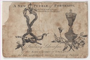 Puzzle muotokuvia Englannin ja Ranskan kuninkaista ja kuningattareista, 1794.