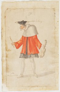 Muusikko Ballet du Serieux et du Grotesquesta, 1627 (ruskea muste ja wc taitetulla paperilla)