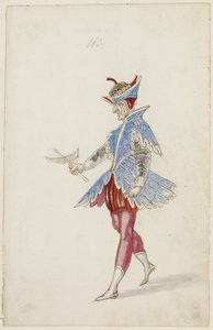 Mieshahmo sinisen ja punaisen puvussa Ballet des quatre saisons de lAnneesta, 1626 (ruskea muste, wc ja metallimaali mustan liidun alapiirroksen päällä paperille)