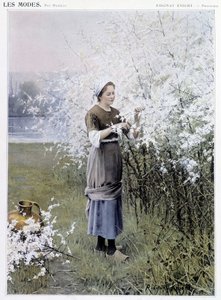 Kevät: Nainen kerää kukkia - sairas. kirjoittanut R. Knight, c. 1905 tekijältä Daniel Ridgway Knight