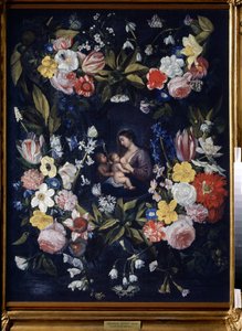 Kukkaseppele Madonnan ja lapsen kanssa (kukkaseppele Madonnan ja lapsen kanssa). Daniel Seghersin (1590-1661) maalaus. Öljy kankaalle, 82 x 64 cm. Flanderin taide, barokkitaide. Valtion taidemuseo, Tula (tai Tolan).