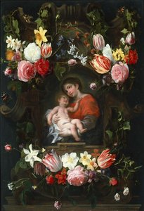 Kukkaseppele Madonnan ja lapsen kanssa, 1600-luvun ensimmäinen kolmannes.