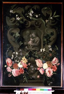 Madonna ja lapsi, Pyhä Elisabeth ja Johannes Kastaja lapsena kukkaseppeleessä. Daniel Seghersin (1590-1661) maalaus. Öljy kuparille, 84 x 61 cm tekijältä Daniel Seghers