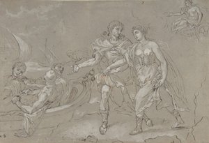 Helenan raiskaus, verso: Tutkimus polvistuvasta alaston mieshahmosta, 1600-1700-luvun loppu.