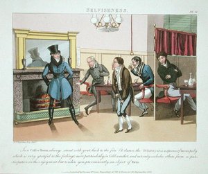 Itsekkyys, levy 9 teoksesta "The Necessary Qualifications of a Man of Fashion", julkaistu 1823 (käsin väritetty akvatintta). tekijältä Daniel Thomas Egerton
