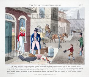 The Unfortunate Discovery, kuvitus Peter Quizin julkaisusta Fashionable Bores or Coolers in High Life, pubi. Thomas McLean, Lontoo 1824 (käsinvärinen kaiverrus) tekijältä Daniel Thomas Egerton
