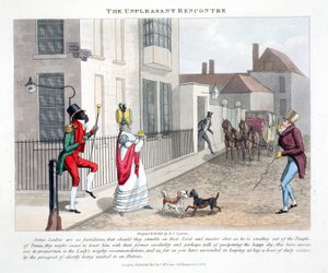 The Unpleasant Rencontre, kuvitus Peter Quizin julkaisusta Fashionable Bores or Coolers in High Life, pubi. Thomas McLean, Lontoo 1824 (käsinvärinen kaiverrus)