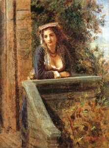 Nuori tyttö ikkunalla tai nuori nainen parvekkeella, Daniele Ranzoni (1843-1889), öljy paperille kiinnitetty puulle, 44x33 cm