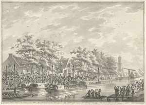 Amsterdamilaisten saapuminen Utrechtiin, 1787 Näkymä Amsterdamin kansalaisten saapumisesta Utregtiin De Rooy Brugiin. Den Domin jälkeen nähdä. 1787. (otsikko esineessä)