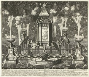 Ilotulitus Utrechtin sopimuksen kunniaksi 1713 Tilaajan van Haar Edin pystyttämä kuva teatterista synkronisoinneilla ja ilotulitusvälineillä. Groot Mog: Heeren Staten van Holland ja West Vriesland (...) Haagissa, vyverissä ( tekijältä Daniël Stopendaal