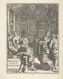 Interior de la biblioteca amb el clergat Portada per a: Bibliotheque des Authors Ecclesiastiques, sense final d
