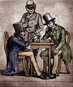 Soren Kierkegaard pelaa shakkia (kynä ja muste pesulla paperille)