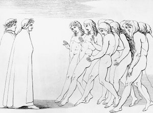 Sielut säikähtävät nähdessään, että Dante on elossa, kuvitus Kiirastulen 3. laululle, Jumalallinen näytelmä, Dante Alighierin (1265-1321) allegorinen runo tekijältä Dante Alighieri