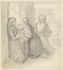 (Mahdollisesti) Pyhä Elisabet Unkarilainen polvistuneena seuralaisineen Isentrudis ja Guta. tekijältä Dante Gabriel Charles Rossetti