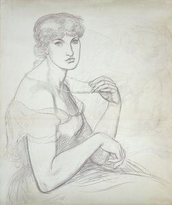 Istuva nainen pitelee kaulakorua, oikealla toinen naishahmo, tekijältä Dante Gabriel Charles Rossetti