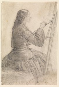 Elizabeth Siddal istuu maalaustelineessä, 1854-55 noin tekijältä Dante Gabriel Charles Rossetti