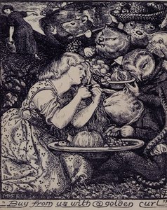 "Goblin Marketin ja muiden runojen..." etukappale 1862 (litho) tekijältä Dante Gabriel Charles Rossetti