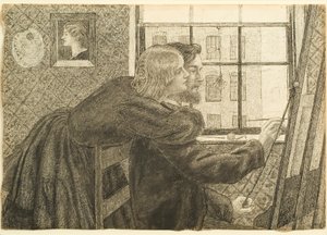 G P Boyce Fanny Cornforthin kanssa Rossettis Studiossa, Chatham Place, n. 1858 (muste paperille) tekijältä Dante Gabriel Charles Rossetti