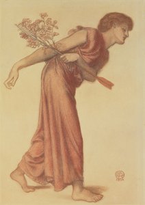 Tutkimus Rakkaushahmosta Danten unessa Beatricen kuoleman aikaan, 1874 (musta ja punainen värikynä vihreällä paperilla) tekijältä Dante Gabriel Charles Rossetti