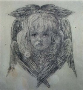 Tutkimus lapsen enkelin päästä teoksessa "The Blessed Damozel", n. 1875 (musta liitu) (katso 15166) tekijältä Dante Gabriel Charles Rossetti
