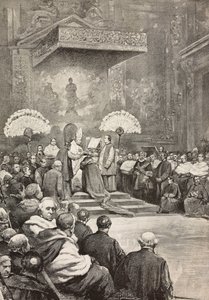 Konsistoria 13. marraskuuta, paavi Leo XIII, jossa hän loi uudet kardinaalit, Vatikaani, kaiverrus Dante Paoloccin piirroksesta, L