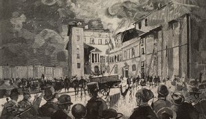 Israelin koulujen tulipalo 1893, Rooma, Italia, kaiverrus Dante Paoloccin piirustuksen perusteella, L