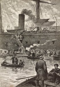 Italialaiset sotilaat nousemassa taistelulaivaan Principe Amedeo, italialainen retkikunta Punaisellamerellä, Napoli, Italia, kaiverrus Dante Paoloccin piirroksesta, L