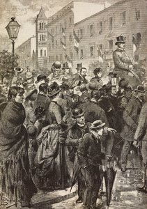 Kuningas Umberto I ja kuningatar Margherita palaavat vierailustaan Napoliin koleran koettelemina, Rooma, Italia, kaiverrus Dante Paoloccin piirroksesta, L