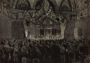 Leo XIII vastaanottamassa ranskalaisia pyhiinvaeltajia Ducal Hallissa, paavin juhlavuosi, Vatikaanissa, kaiverrus Dante Paoloccin piirroksesta, L