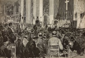 Obsequies kuolleille Dogalissa Sant Andrea della Vallen kirkossa, Roomassa, kaiverrus Dante Paoloccin piirroksesta, L