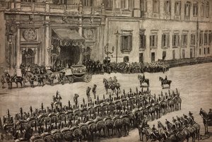 Parlamentin avajaiset, kuningas Umberto I:n saapuminen Montecitorioon, Roomaan, Italiaan, kaiverrus Dante Paoloccin piirroksesta, L
