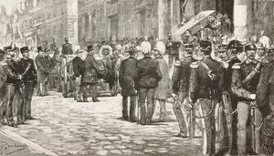 Poliitikot ja upseerit osallistuvat Luigi Mezzacapon (1814-1885), italialaisen poliitikon ja upseerin hautajaisiin, Rooma, Italia, kaiverrus Dante Paoloccin piirroksesta, L