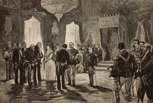 Napolin prinssi, Alfonso Maria Giuseppe Alberto Bourbon-Two Siciliesista apululutnantti-univormussa, uudenvuoden vastaanotossa Quirinalissa, Italiassa, kaiverrus Dante Paoloccin piirroksesta, L