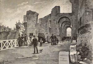 Julkinen kävelytie (Summa Nova Via) Palazzo dei Cesarissa, Roomassa, Italiassa, kaiverrus Dante Paoloccin piirroksesta, L