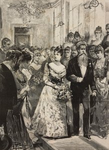 Savoian kuningatar Margherita Rooman taiteilijaklubin (Circolo Artistico) juhlissa, kuvanveistäjä Giulio Monteverden kanssa, Italia, kaiverrus Dante Paoloccin piirtämänä, L