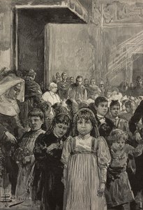 Lasten vastaanotto paavi Leo XIII:n juhlallisuuksissa, Vatikaanissa, kaiverrus Dante Paoloccin piirustuksen mukaan, L