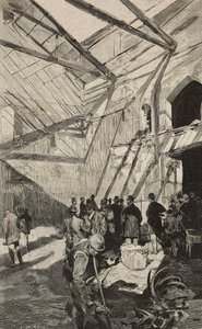 Israelilaisen teatterin jäänteet vuoden 1893 tulipalon jälkeen, Rooma, Italia, kaiverrus Dante Paoloccin piirustuksen mukaan, L
