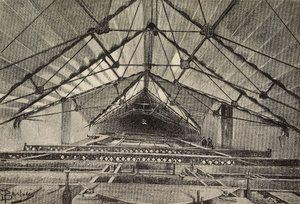 Katto ja kattoa tukeva metalliristikko, Lateranin Pyhän Johanneksen arkkibasilikan uusi käsivarsi, Rooma, Italia, piirustus Dante Paolocci, kaiverrus L