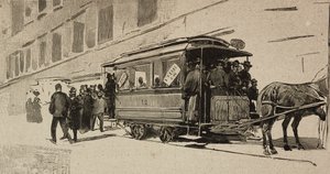 Raitiovaunu suunnattu Pyhälle Pietarille Leo XIII:n piispanjuhlavuoden yhteydessä, Rooma, Italia, kaiverrus Dante Paoloccin piirtämänä, L