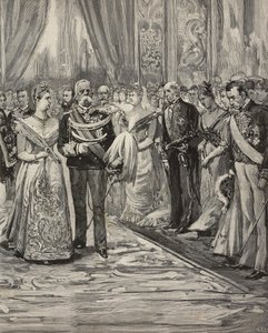 Umberto I ja Margherita Savoialainen hopeahäidensä konsertissa, Palazzo del Quirinale, Rooma, Italia, kaiverrus Dante Paoloccin piirtämänä, L