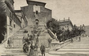 Näkymä Santa Marian basilikasta Aracoelissa, Roomassa, Italiassa, kaiverrus Dante Paoloccin piirustuksen jälkeen, L