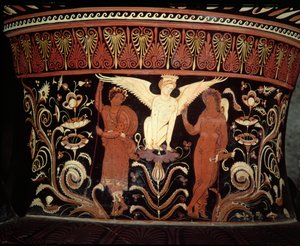 Apulian punaisen figuurin voluuttikraatteri, Oidipusta ja sfinksiä esittävän kaulan yksityiskohta, ks. myös 153772. tekijältä Darius Painter