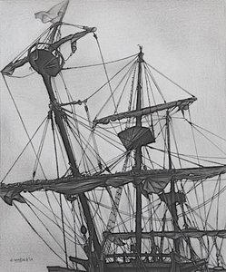 Ghostly Galleon, 2017 (lyijykynä, muste paperille) tekijältä Darrell Windjack