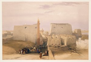 Egypti, sisäänkäynti Luxorin temppeliin, kaiverrus David Robertsin piirustuksen perusteella