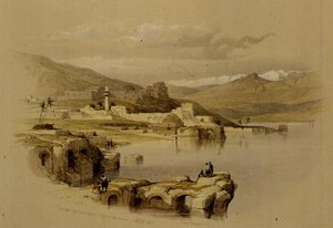 Tiberias from the Walls, Saffet in the Distance, 22. huhtikuuta 1839, levy 37 The Holy Landin I osasta, kaiverrettu Louis Haghe (1806-85) pub. 1842 (litho) tekijältä David (after) Roberts