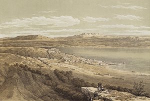 Tiberias katsoo Hermonia kohti (väri litho) tekijältä David (after) Roberts