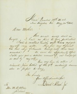 Allekirjoitettu kirje David Allan, Jr., 29. M.V.I.:n päämaja, lähellä Kingstonia, Ga., äidilleen rouva M.A. Allanille, St. Louis, Mo., 20. toukokuuta 1864. tekijältä David Allan