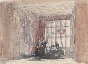 Tudor-huone hahmoineen, mahdollisesti Hardwick Hall tai Haddon Hall tekijältä David Cox